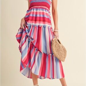 Pink and Red Smocked A-Line Midi Skirt